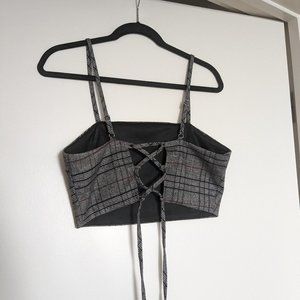 Plaid Cropped Lace Back Strappy Top (Size: M)